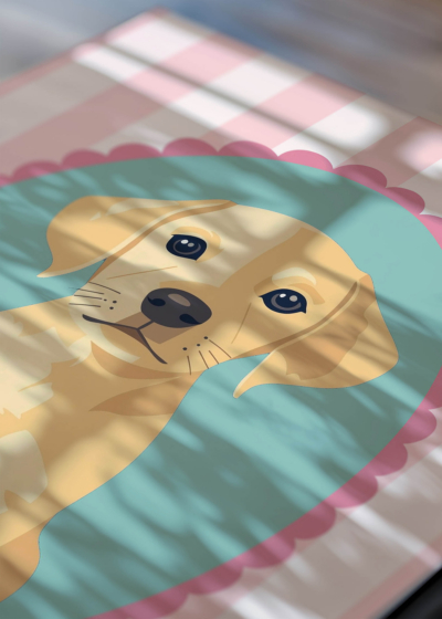 Zbliżenie na detale plakatu: vintage szczeniak labrador do pokoju dziecięcego