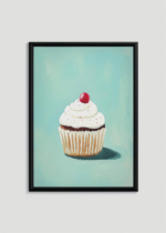 Plakat w drewnianej czarnej ramce: słodka babeczka muffin na niebieskim tle do pokoju dziecięcego