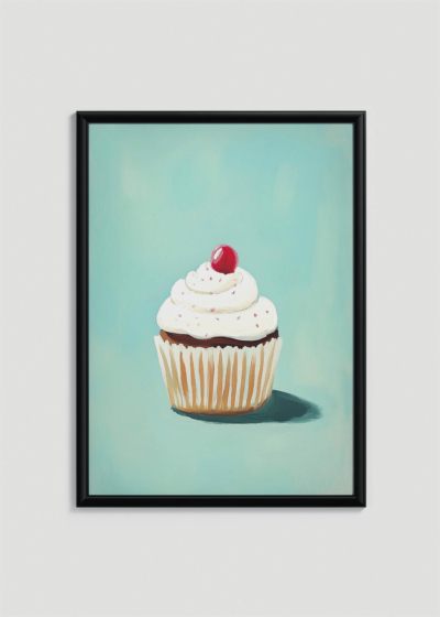 Plakat w drewnianej czarnej ramce: słodka babeczka muffin na niebieskim tle do pokoju dziecięcego