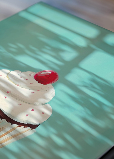 Zbliżenie na detale plakatu: słodka babeczka muffin na niebieskim tle do pokoju dziecięcego