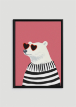 Plakat w drewnianej czarnej ramce: do pokoju dziecięcego stylowy miś polarny w okularach i marynarce w paski
