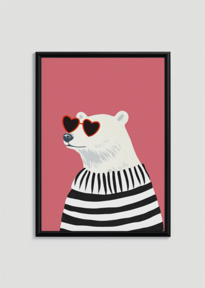 Plakat w drewnianej czarnej ramce: do pokoju dziecięcego stylowy miś polarny w okularach i marynarce w paski