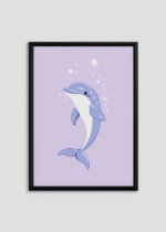 Plakat w drewnianej czarnej ramce: słodki delfin fioletowe tło do pokoju dziecięcego