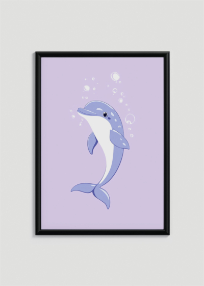 Plakat w drewnianej czarnej ramce: słodki delfin fioletowe tło do pokoju dziecięcego