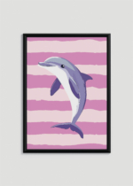 Plakat w drewnianej czarnej ramce: delfin pastelowy skandynawski do pokoju dziecięcego