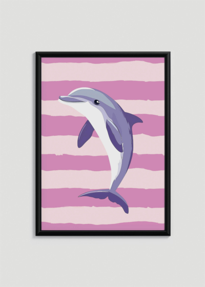 Plakat w drewnianej czarnej ramce: delfin pastelowy skandynawski do pokoju dziecięcego
