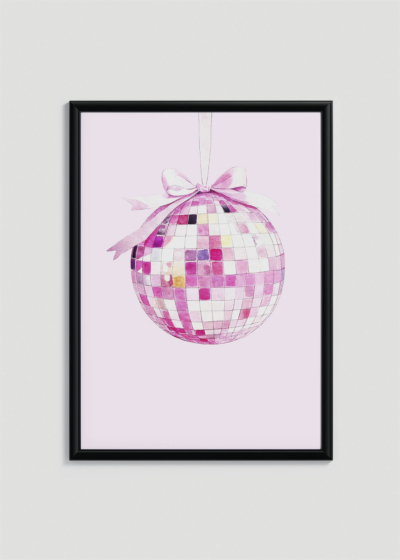 Plakat w drewnianej czarnej ramce: różowa kula disco mozaika glamour do pokoju dziecięcego