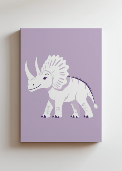 przyjazny triceratops dinozaur fioletowy do pokoju dziecięcego obraz na płótnie