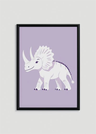 Plakat w drewnianej czarnej ramce: przyjazny triceratops dinozaur fioletowy do pokoju dziecięcego