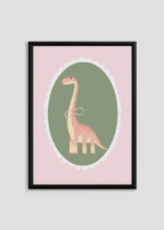 Plakat w drewnianej czarnej ramce: do pokoju dziecięcego dinozaur brachiozaur pastelowy vintage