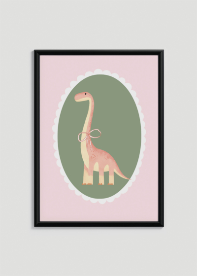 Plakat w drewnianej czarnej ramce: do pokoju dziecięcego dinozaur brachiozaur pastelowy vintage