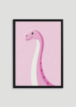 Plakat w drewnianej czarnej ramce: różowy dinozaur zauropod do pokoju dziecięcego