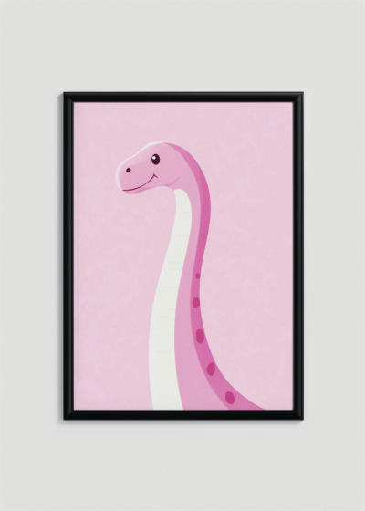 Plakat w drewnianej czarnej ramce: różowy dinozaur zauropod do pokoju dziecięcego
