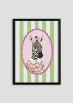 Plakat w drewnianej czarnej ramce: zebra vintage pastelowy do pokoju dziecięcego