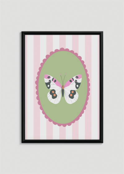 Plakat w drewnianej czarnej ramce: do pokoju dziecięcego motyl pastelowy skandynawski vintage