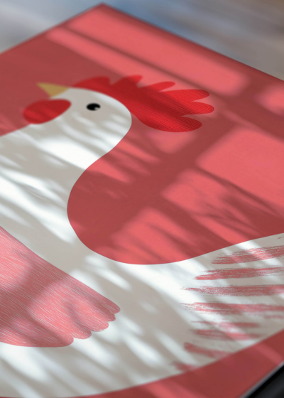 Zbliżenie na detale plakatu: do pokoju dziecięcego biała kura koralowe tło skandynawski