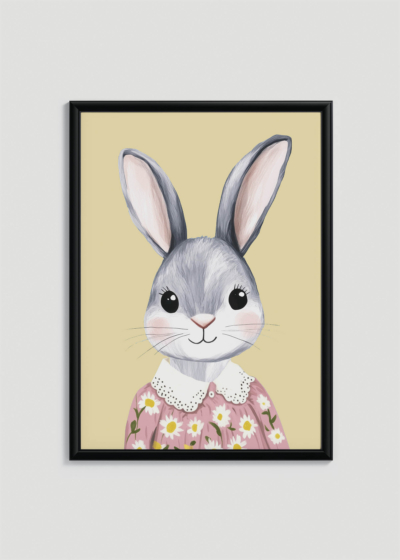 Plakat w drewnianej czarnej ramce: królik w kwiecistej sukience w stylu ilustracyjnym do pokoju dziecięcego
