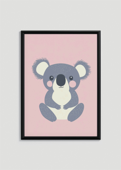 Plakat w drewnianej czarnej ramce: koala na różowym tle do pokoju dziecięcego