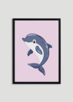 Plakat w drewnianej czarnej ramce: do pokoju dziecięcego słodki delfin na różowym tle  skandynawski