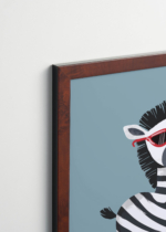 Plakat oprawiony w drewnianą brązową ramkę Vintage Italia: zebra w czerwonych okularach do pokoju dziecięcego