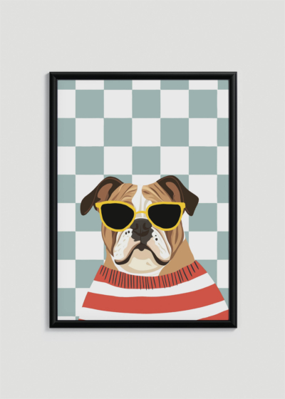Plakat w drewnianej czarnej ramce: wesoły buldog w okularach dla dzieci