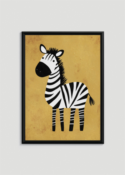 Plakat w drewnianej czarnej ramce: do pokoju dziecięcego zebra safari na pomarańczowym tle