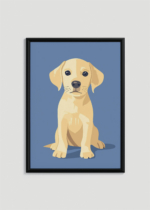Plakat w drewnianej czarnej ramce: młody labrador na błękitnym tle do pokoju dziecięcego