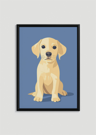 Plakat w drewnianej czarnej ramce: młody labrador na błękitnym tle do pokoju dziecięcego