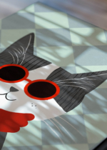 Zbliżenie na detale plakatu: kot w okularach i szaliku na tle w kratkę skandynawski do pokoju dziecięcego