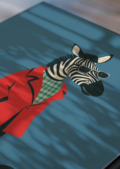 Zbliżenie na detale plakatu: zebra na deskorolce w okularach do pokoju dziecięcego
