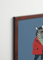 Plakat oprawiony w drewnianą brązową ramkę Vintage Italia: zebra na deskorolce w okularach do pokoju dziecięcego