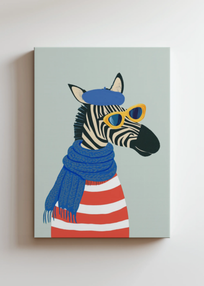 do pokoju dziecięcego zebra w berecie i okularach w stylu paryskim obraz na płótnie