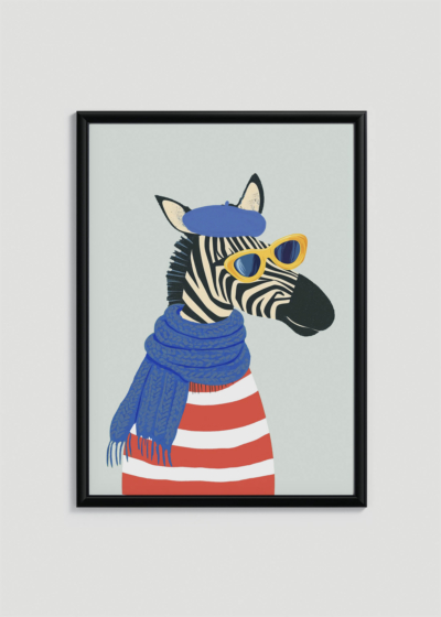 Plakat w drewnianej czarnej ramce: do pokoju dziecięcego zebra w berecie i okularach w stylu paryskim