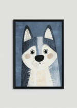 Plakat w drewnianej czarnej ramce: husky pies na błekitnym tle do pokoju dziecięcego