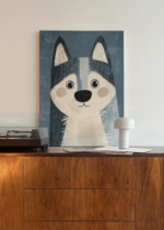 husky pies na błekitnym tle do pokoju dziecięcego obraz na płótnie