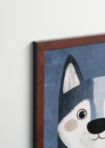 Plakat oprawiony w drewnianą brązową ramkę Vintage Italia: husky pies na błekitnym tle do pokoju dziecięcego