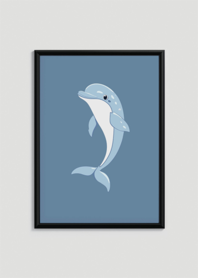 Plakat w drewnianej czarnej ramce: do pokoju dziecięcego niebieski słodki delfin marynistyczny