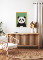 Aranżacja wnętrza, na ścianie wisi plakat w ramce: do pokoju dziecięcego panda wielka skandynawski