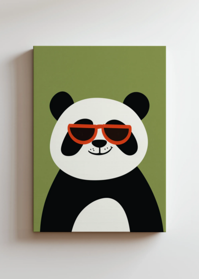 panda w pomarańczowych okularach na zielonym tle do pokoju dziecięcego obraz na płótnie