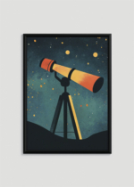 Plakat w drewnianej czarnej ramce: astronomiczny teleskop wśród gwiazd do pokoju dziecięcego