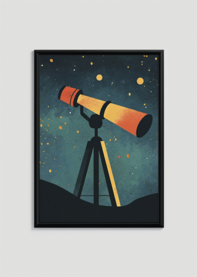 Plakat w drewnianej czarnej ramce: astronomiczny teleskop wśród gwiazd do pokoju dziecięcego
