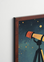 Plakat oprawiony w drewnianą brązową ramkę Vintage Italia: astronomiczny teleskop wśród gwiazd do pokoju dziecięcego