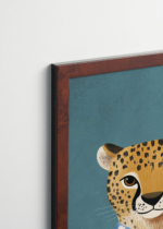 Plakat oprawiony w drewnianą brązową ramkę Vintage Italia: do pokoju dziecięcego gepard czytający książkę skandynawski