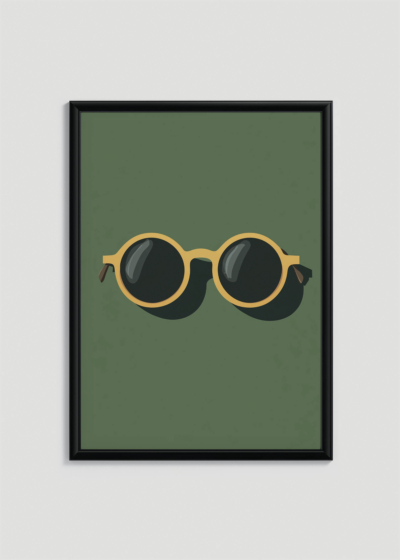 Plakat w drewnianej czarnej ramce: do pokoju dziecięcego okulary przeciwsłoneczne na zielonym tle vintage