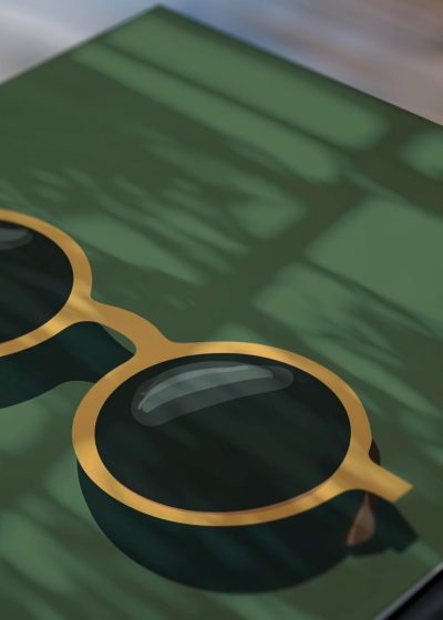 Zbliżenie na detale plakatu: do pokoju dziecięcego okulary przeciwsłoneczne na zielonym tle vintage