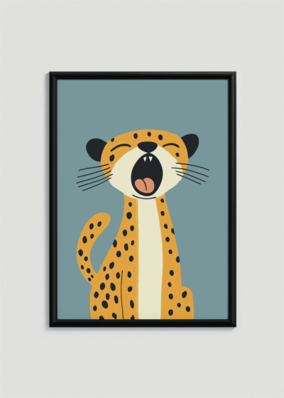 Plakat w drewnianej czarnej ramce: minimalistyczny gepard na błękitnym tle do pokoju dziecięcego