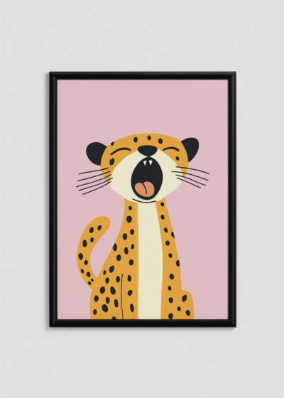 Plakat w drewnianej czarnej ramce: gepard na różowym tle do pokoju dziecięcego