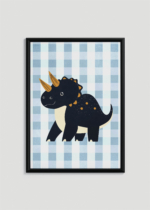Plakat w drewnianej czarnej ramce: do pokoju dziecięcego czarny dinozaur triceratops