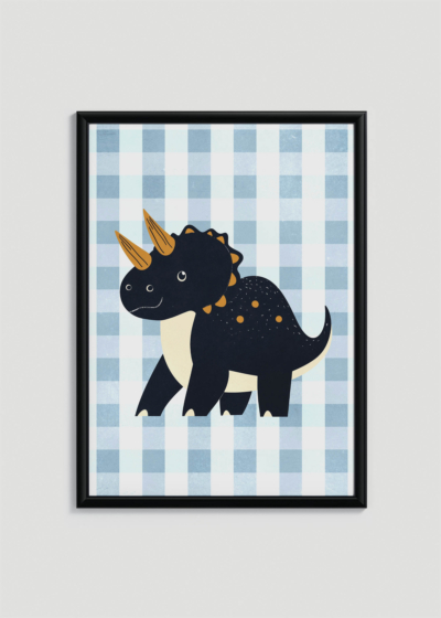 Plakat w drewnianej czarnej ramce: do pokoju dziecięcego czarny dinozaur triceratops