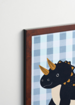 Plakat oprawiony w drewnianą brązową ramkę Vintage Italia: do pokoju dziecięcego czarny dinozaur triceratops